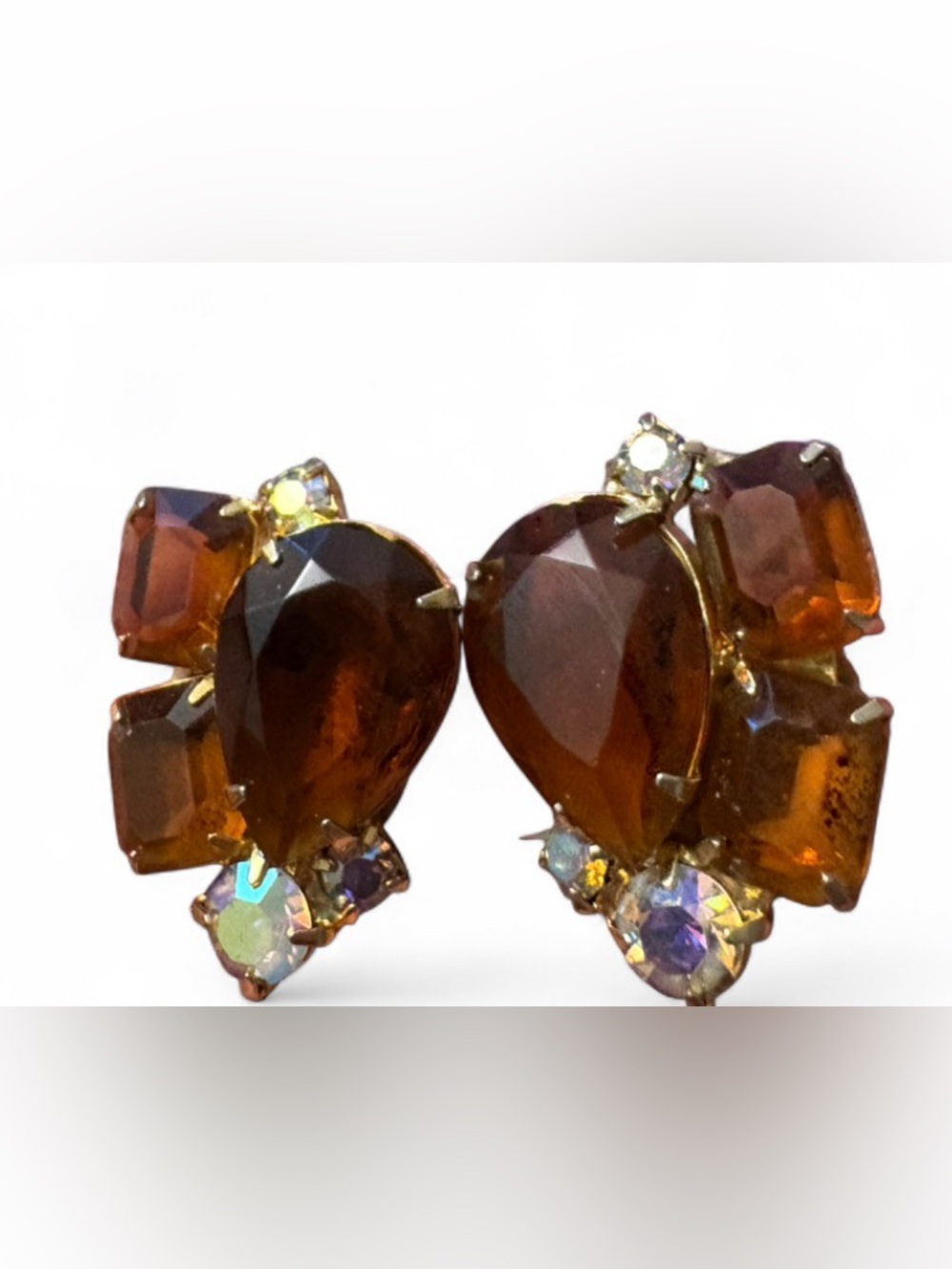 Vintage 1950s Topaz Rhinestone Cluster Clip On Earrings Amber Gold Mid Century - Picture 4 of 5